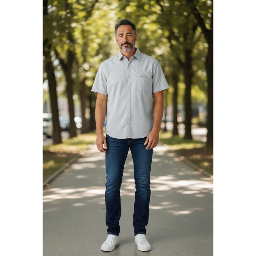 Stoic Gray Short Sleeve Button Up Shirt Men’s Large Casual Outdoor Travel Pocket